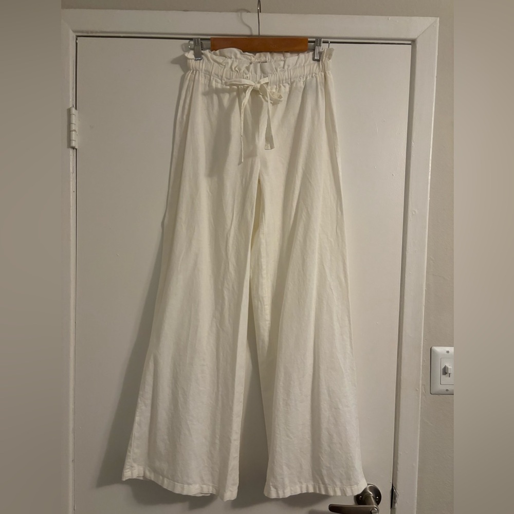 Vanilla Star Off-White Linen Cotton Wide Leg Pants